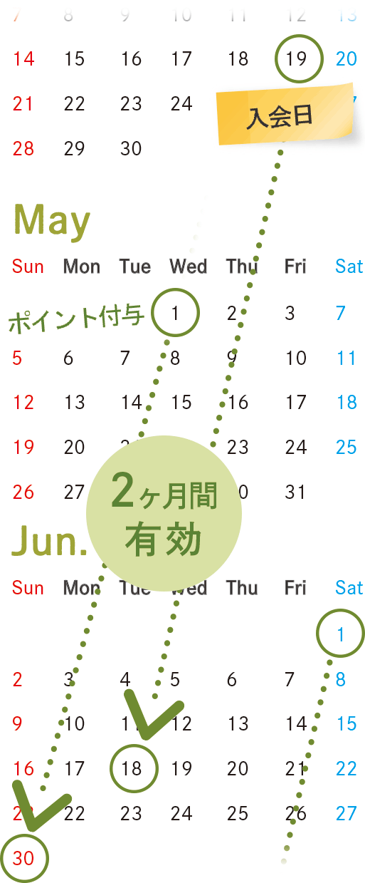 毎月1日(初月は入会日)にポイント付与。有効期限は2か月間です。